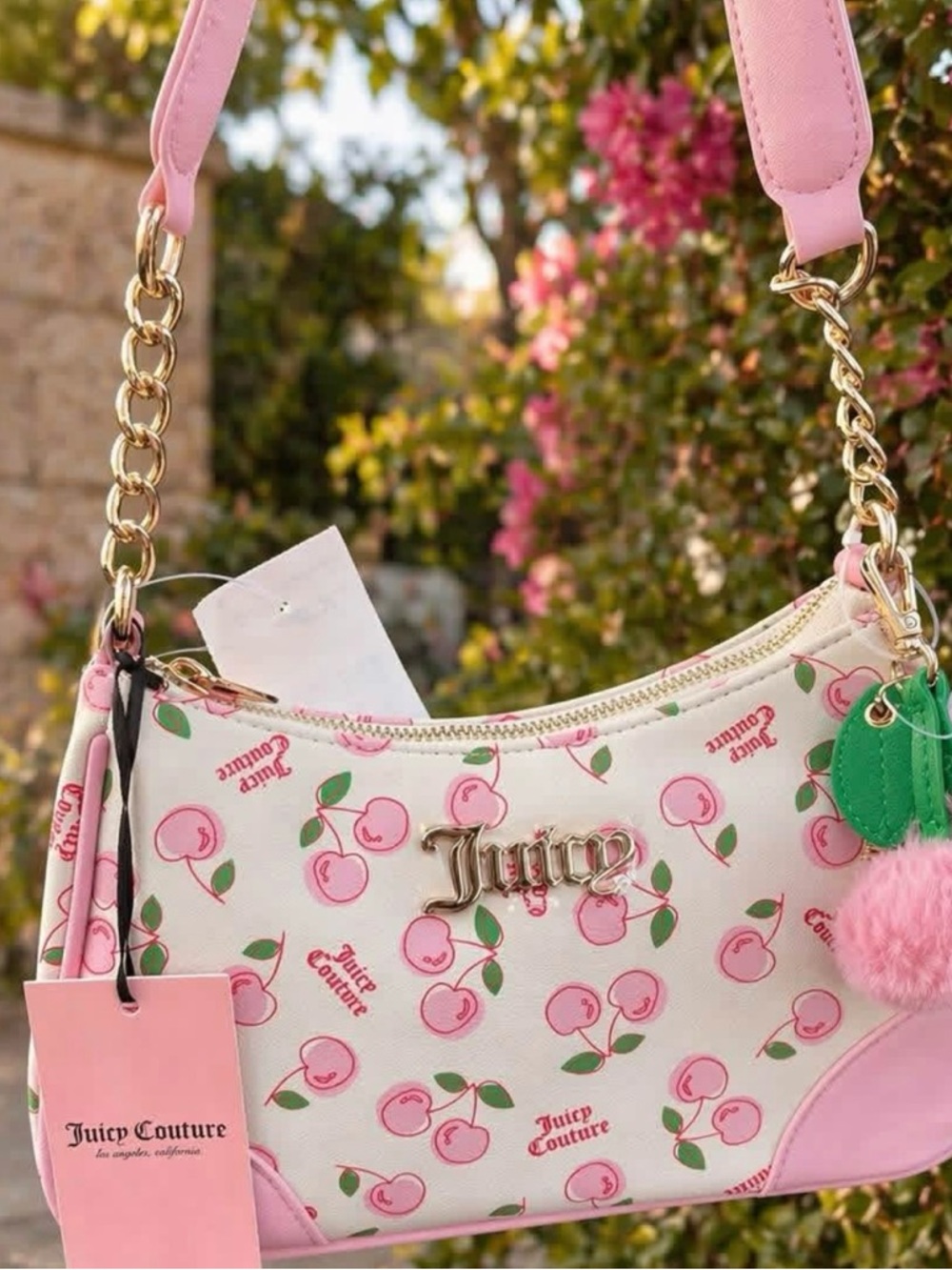 Juicy Couture White and Pink Cherry Print Shoulder Bag
